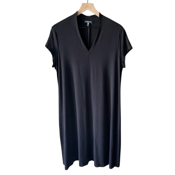 Eileen Fisher Cap Sleeve V-Neck Stretch Jersey Dress - Black - Size XL - Picture 2 of 8